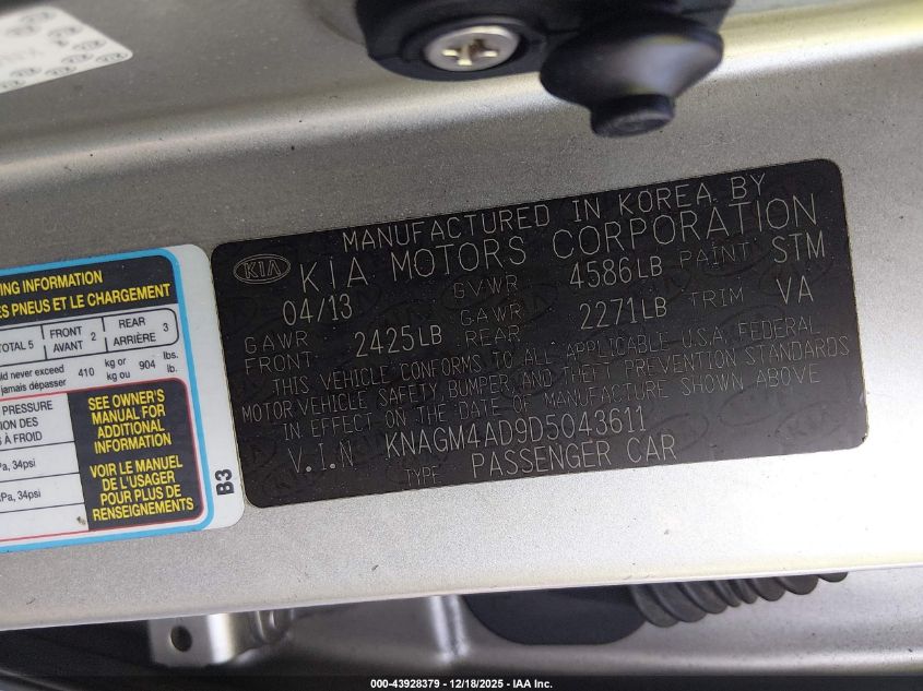 2013 Kia Optima Hybrid Lx VIN: KNAGM4AD9D5043611 Lot: 43928379