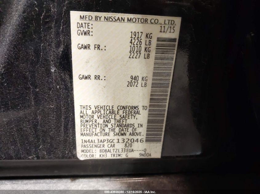 2016 Nissan Altima 2.5/2.5 S/2.5 Sl/2.5 Sr/2.5 Sv VIN: 1N4AL3AP3GC132046 Lot: 43928380
