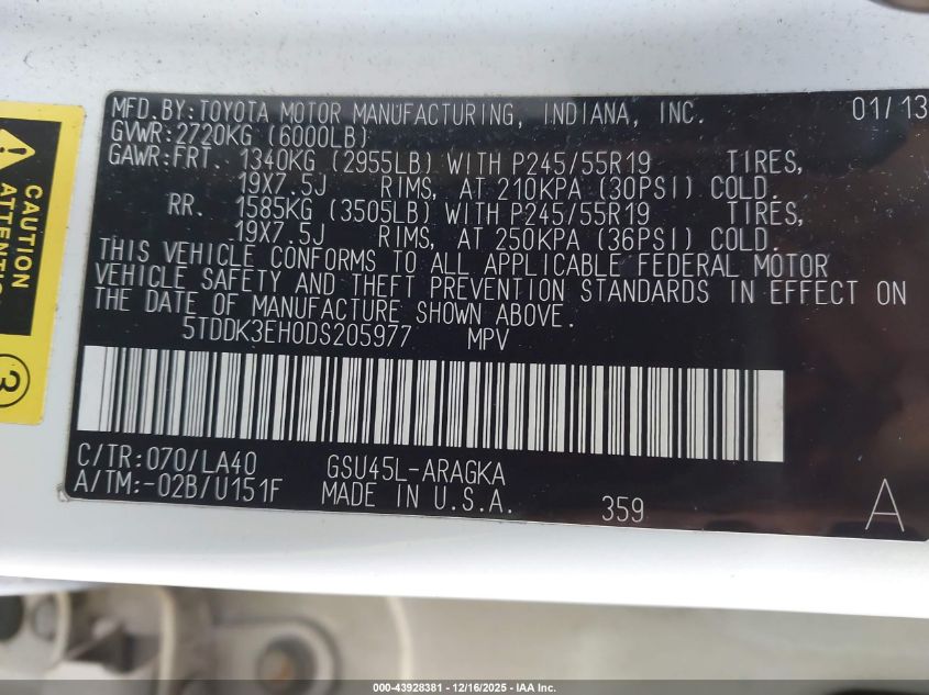 2013 Toyota Highlander Limited V6 VIN: 5TDDK3EH0DS205977 Lot: 43928381