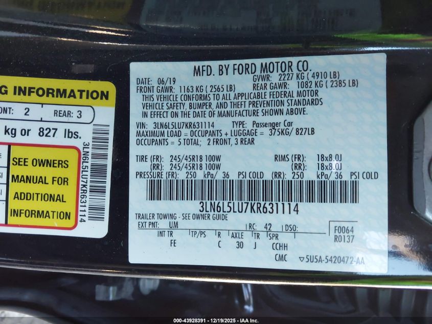 2019 Lincoln Mkz Hybrid Reserve I VIN: 3LN6L5LU7KR631114 Lot: 43928391