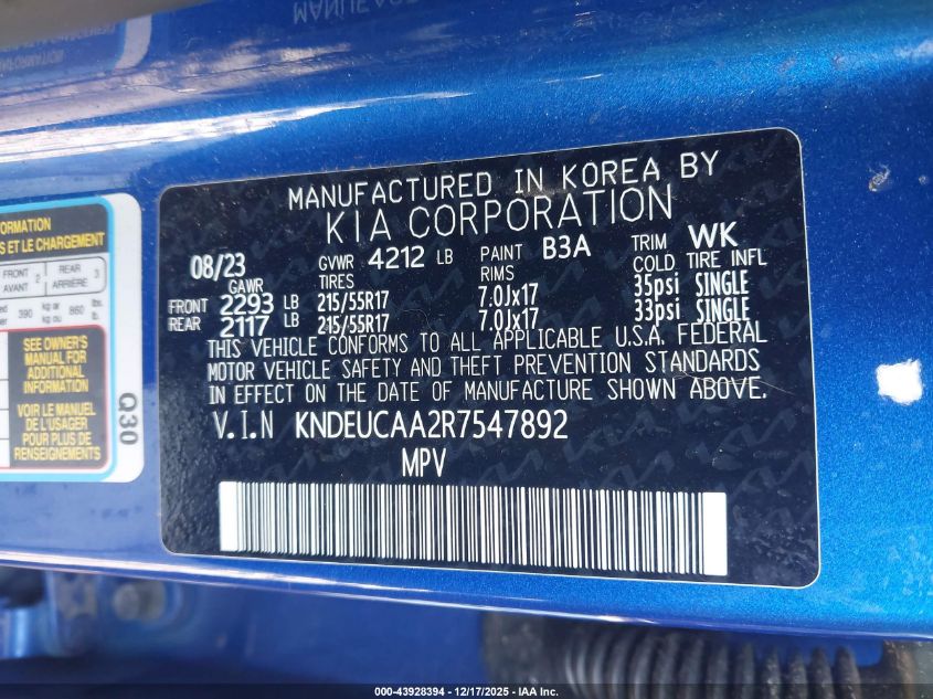 2024 Kia Seltos S VIN: KNDEUCAA2R7547892 Lot: 43928394