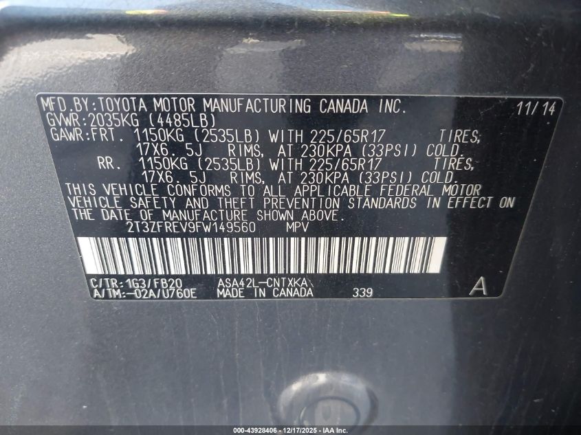 2015 Toyota Rav4 Le VIN: 2T3ZFREV9FW149560 Lot: 43928406