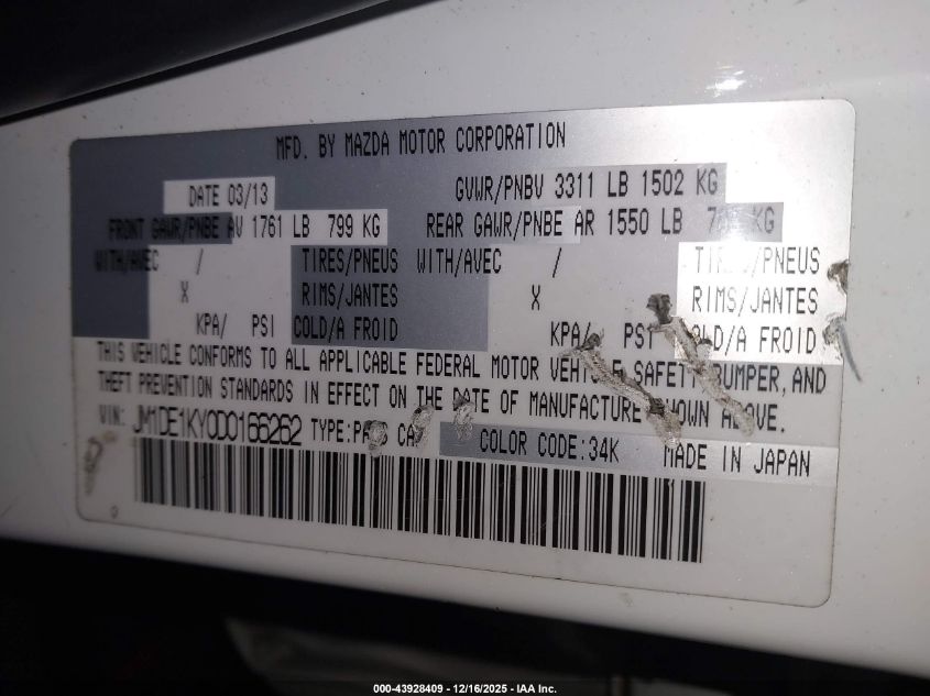 2013 Mazda Mazda2 Sport VIN: JM1DE1KY0D0166262 Lot: 43928409