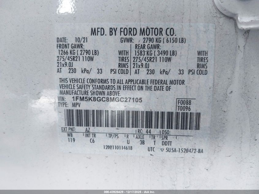 2021 Ford Explorer St VIN: 1FM5K8GC8MGC27105 Lot: 43928429