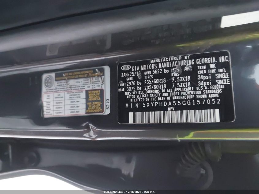 2016 Kia Sorento 3.3L Ex VIN: 5XYPHDA55GG157052 Lot: 43928430