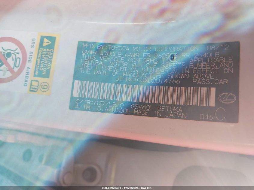 2013 Lexus Es 350 VIN: JTHBK1GGXD2014766 Lot: 43928431