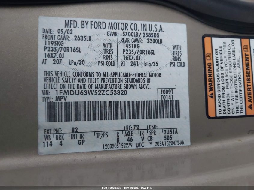 2002 Ford Explorer Xlt VIN: 1FMDU63W52ZC53320 Lot: 43928432