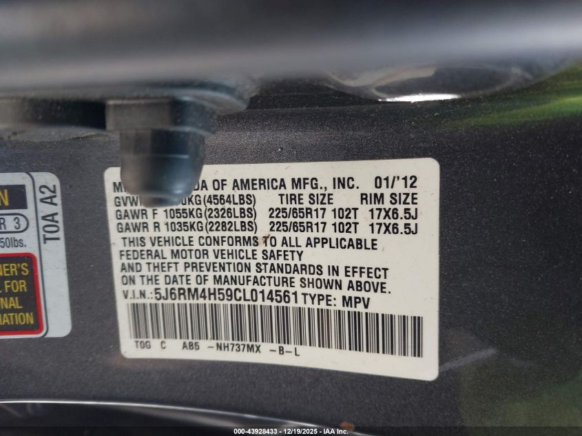 2012 Honda Cr-V Ex VIN: 5J6RM4H59CL014561 Lot: 43928433