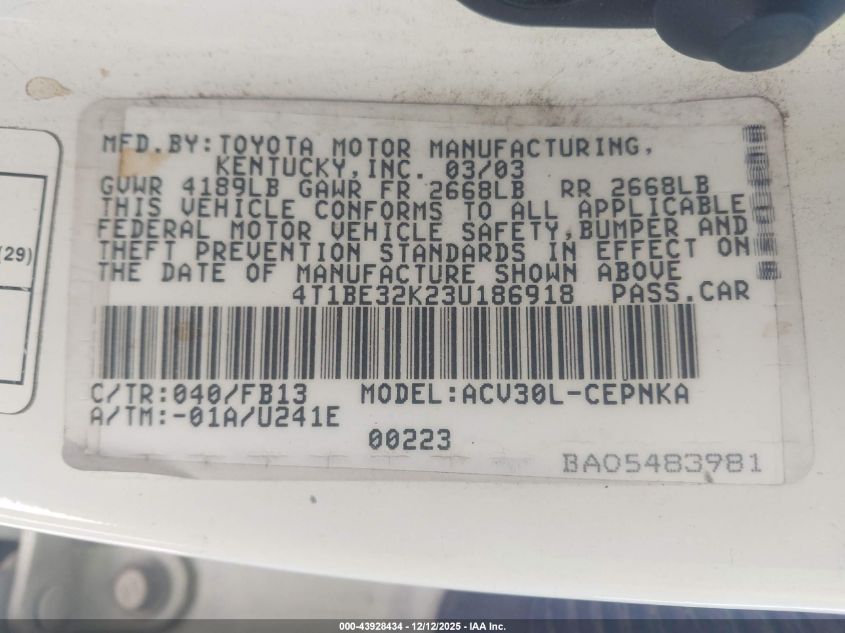 2003 Toyota Camry Le VIN: 4T1BE32K23U186918 Lot: 43928434