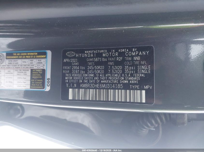 2021 Hyundai Palisade Sel VIN: KM8R3DHE6MU314185 Lot: 43928440