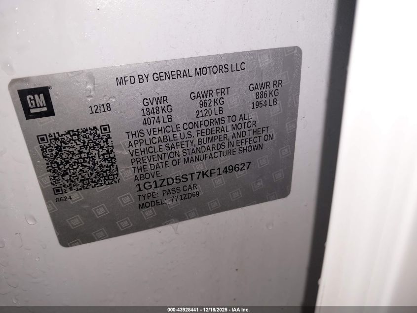 2019 Chevrolet Malibu Lt VIN: 1G1ZD5ST7KF149627 Lot: 43928441