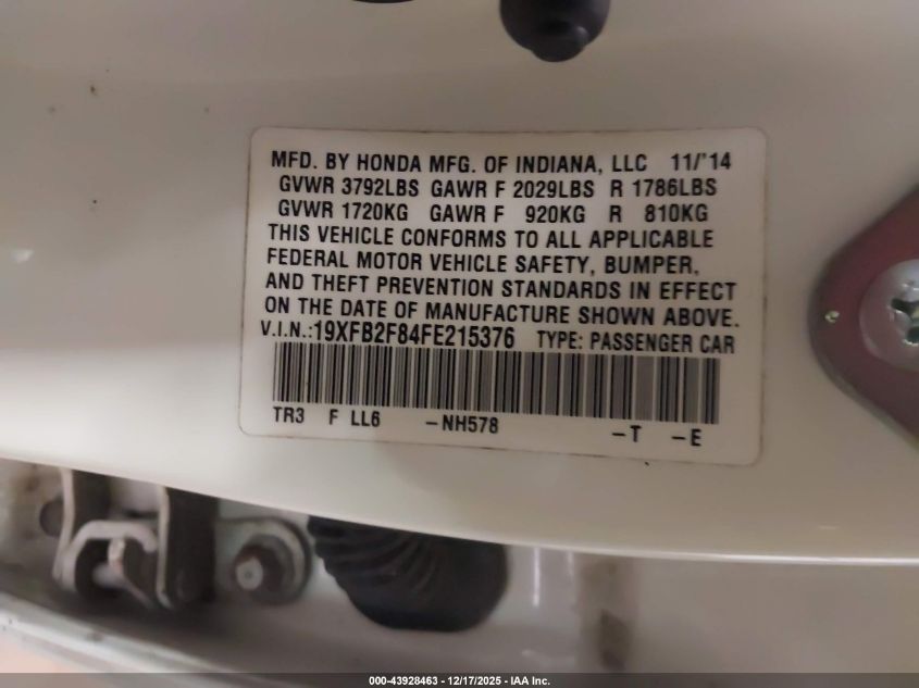 2015 Honda Civic Ex VIN: 19XFB2F84FE215376 Lot: 43928463