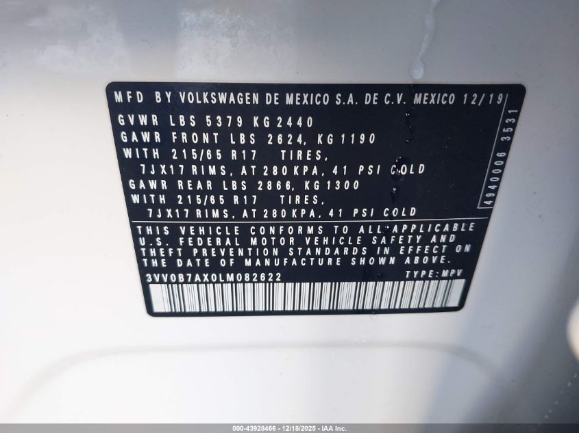 2020 Volkswagen Tiguan 2.0T S VIN: 3VV0B7AX0LM082622 Lot: 43928466