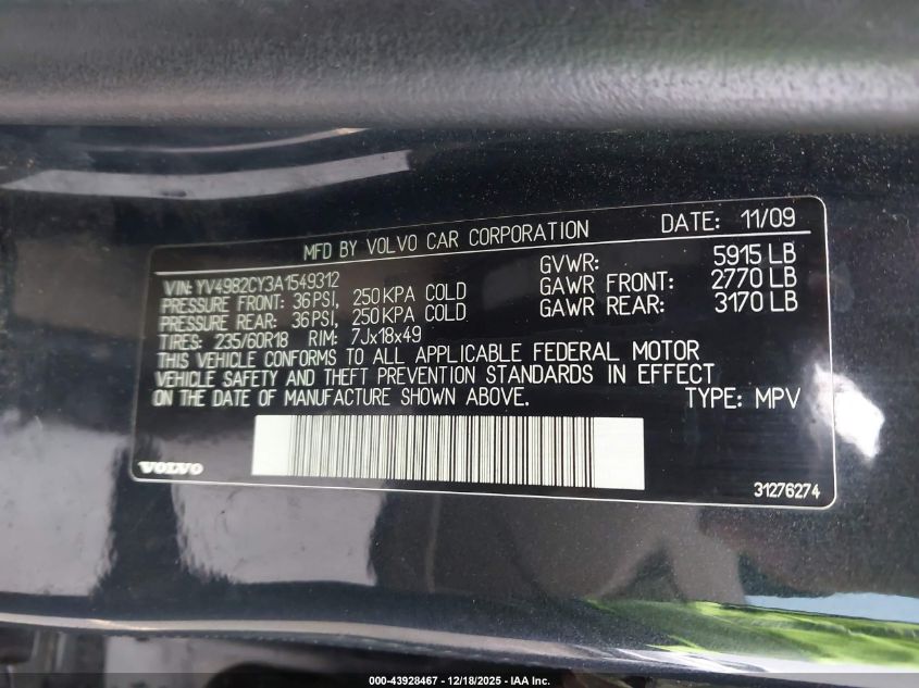 2010 Volvo Xc90 3.2 VIN: YV4982CY3A1549312 Lot: 43928467