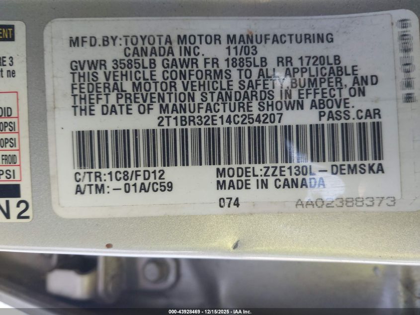 2004 Toyota Corolla S VIN: 2T1BR32E14C254207 Lot: 43928469