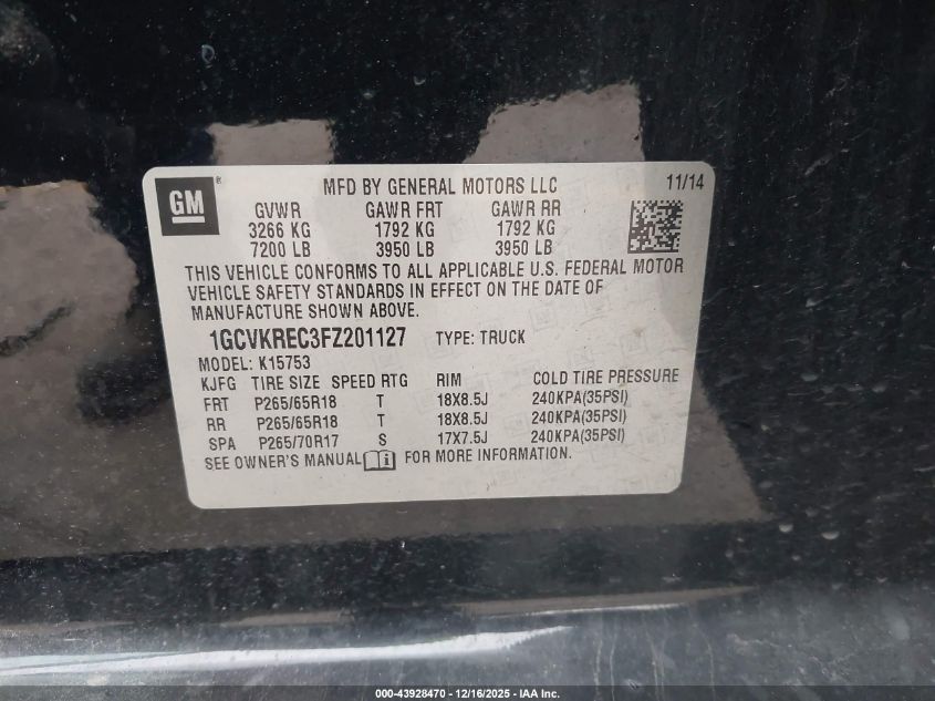 2015 Chevrolet Silverado 1500 2Lt VIN: 1GCVKREC3FZ201127 Lot: 43928470