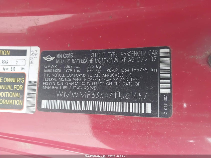 2007 Mini Cooper VIN: WMWMF33547TU61457 Lot: 43928474