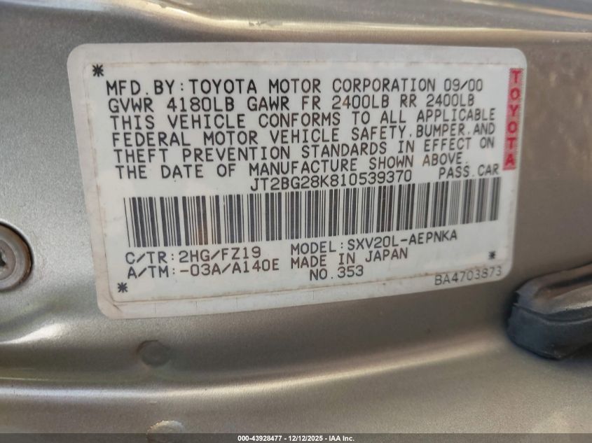 2001 Toyota Camry Le VIN: JT2BG28K810539370 Lot: 43928477