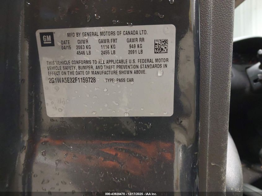 2015 Chevrolet Impala Limited Ls VIN: 2G1WA5E32F1159728 Lot: 43928478