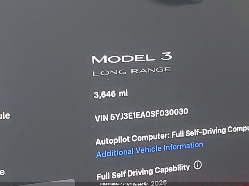 2025 Tesla Model 3 Long Range Rear-Wheel Drive VIN: 5YJ3E1EA0SF030030 Lot: 43928484