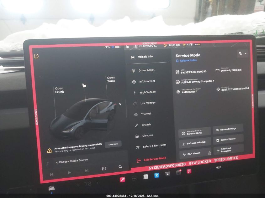 2025 Tesla Model 3 Long Range Rear-Wheel Drive VIN: 5YJ3E1EA0SF030030 Lot: 43928484