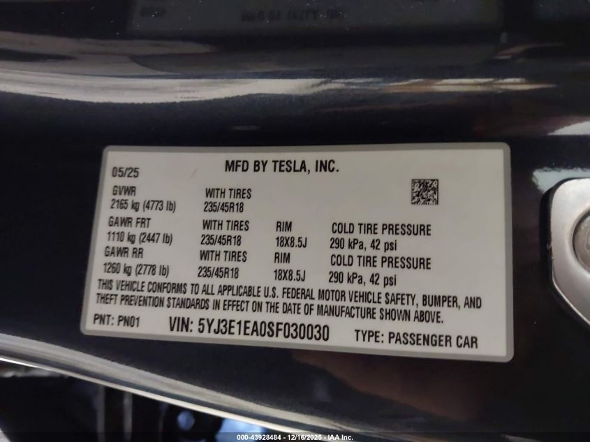 2025 Tesla Model 3 Long Range Rear-Wheel Drive VIN: 5YJ3E1EA0SF030030 Lot: 43928484