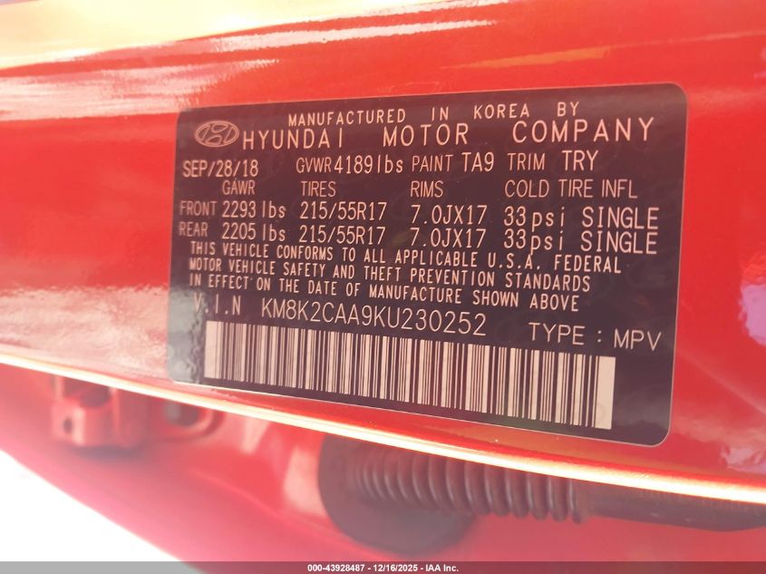 2019 Hyundai Kona Sel VIN: KM8K2CAA9KU230252 Lot: 43928487