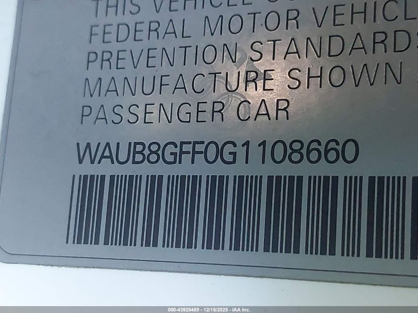 2016 Audi A3 2.0T Premium VIN: WAUB8GFF0G1108660 Lot: 43928489