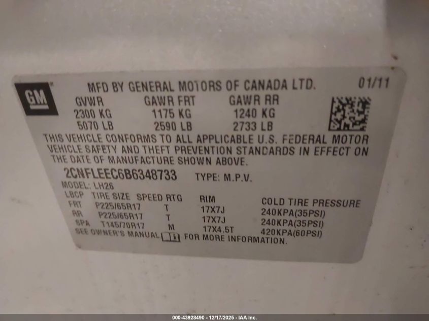 2011 Chevrolet Equinox 1Lt VIN: 2CNFLEEC6B6348733 Lot: 43928490