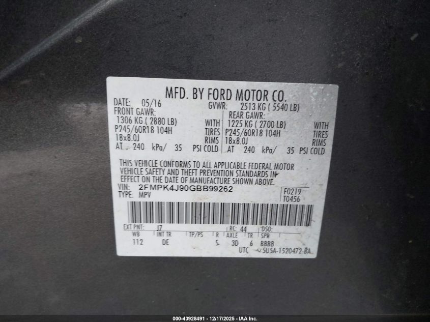 2016 Ford Edge Sel VIN: 2FMPK4J90GBB99262 Lot: 43928491