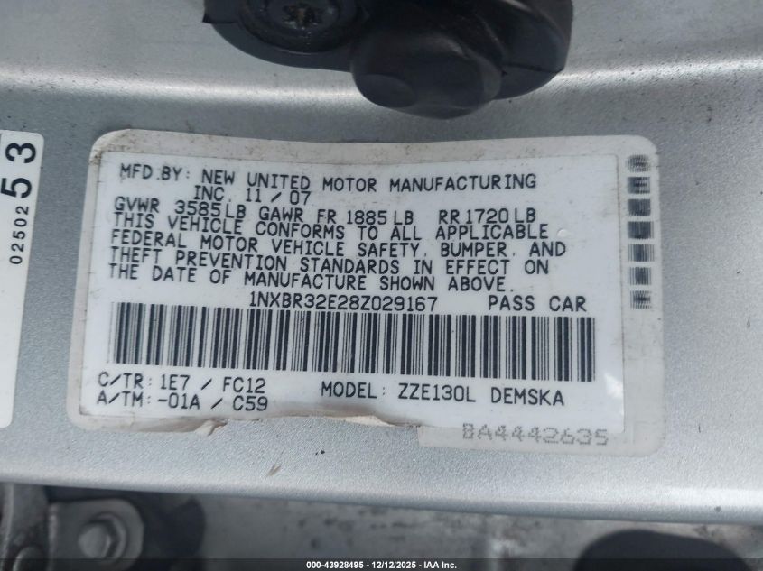 2008 Toyota Corolla S VIN: 1NXBR32E28Z029167 Lot: 43928495