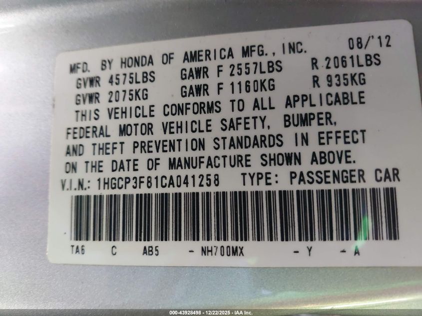 2012 Honda Accord 3.5 Ex-L VIN: 1HGCP3F81CA041258 Lot: 43928498