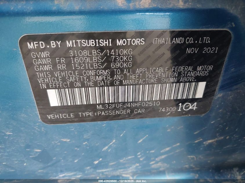 2022 Mitsubishi Mirage G4 Black Edition/Es/Le VIN: ML32FUFJ4NHF02510 Lot: 43928500