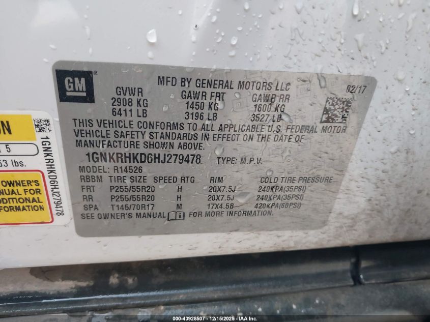 2017 Chevrolet Traverse 2Lt VIN: 1GNKRHKD6HJ279478 Lot: 43928507