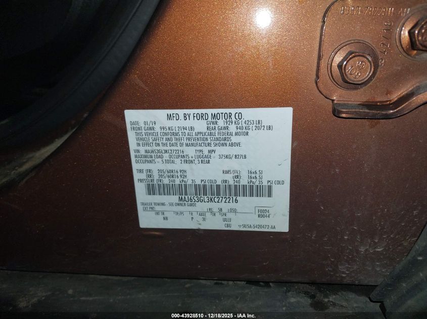 2019 Ford Ecosport Se VIN: MAJ6S3GL3KC272216 Lot: 43928510