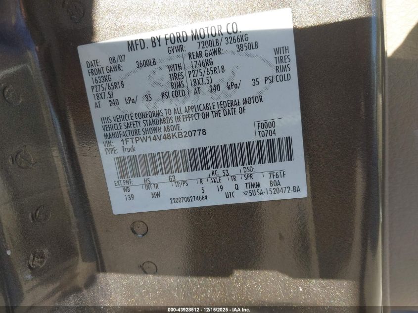 2008 Ford F-150 Xlt VIN: 1FTPW14V48KB20778 Lot: 43928512