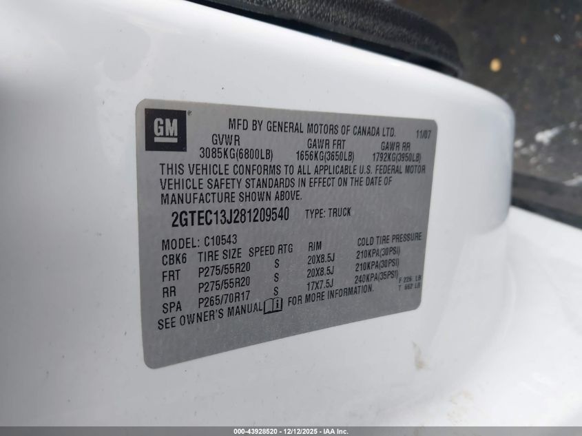 2008 GMC Sierra 1500 Sle2 VIN: 2GTEC13J281209540 Lot: 43928520