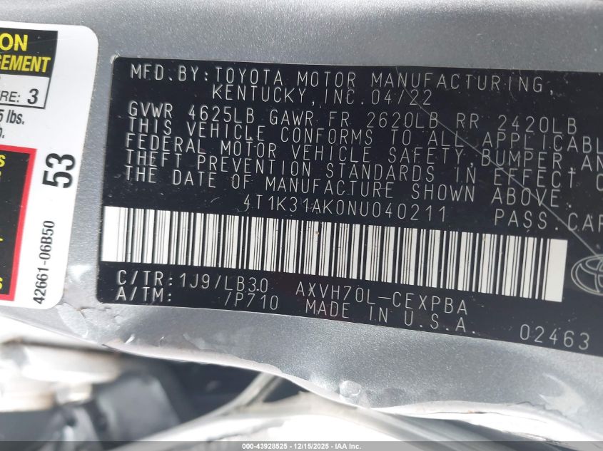 2022 Toyota Camry Xse Hybrid VIN: 4T1K31AK0NU040211 Lot: 43928525