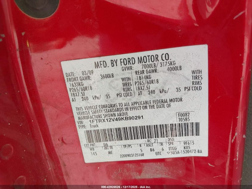 2009 Ford F-150 Xlt VIN: 1FTRX12V49KB90291 Lot: 43928526