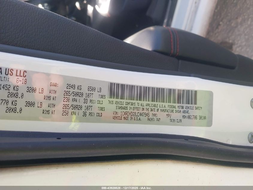 2018 Dodge Durango Gt Rwd VIN: 1C4RDHDG9JC447945 Lot: 43928528