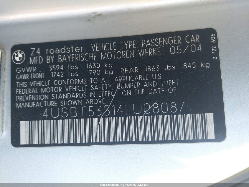 2004 BMW Z4 3.0I VIN: 4USBT53514LU08087 Lot: 43928536