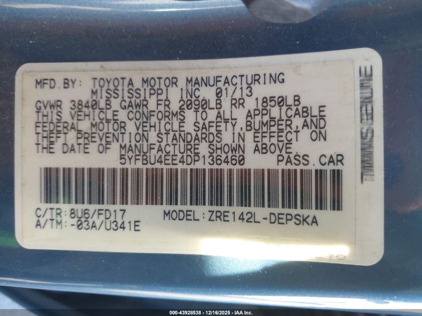 2013 Toyota Corolla S VIN: 5YFBU4EE4DP136460 Lot: 43928538