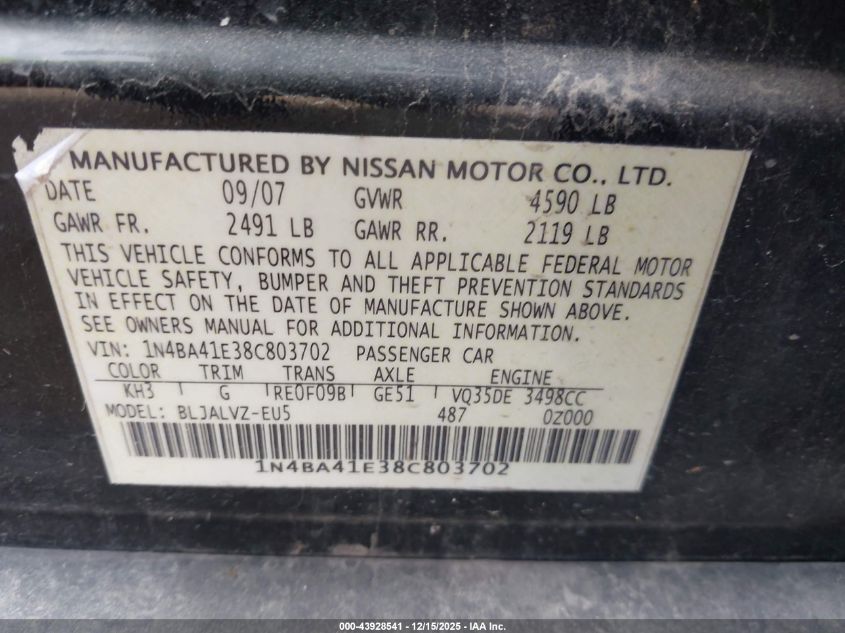 2008 Nissan Maxima 3.5 Se VIN: 1N4BA41E38C803702 Lot: 43928541