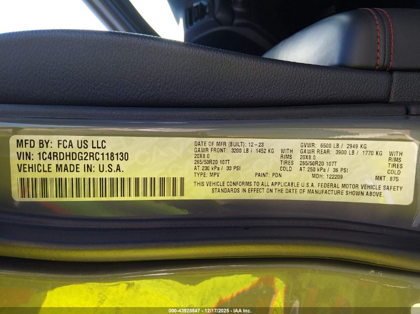 2024 Dodge Durango Gt Plus Rwd VIN: 1C4RDHDG2RC118130 Lot: 43928547