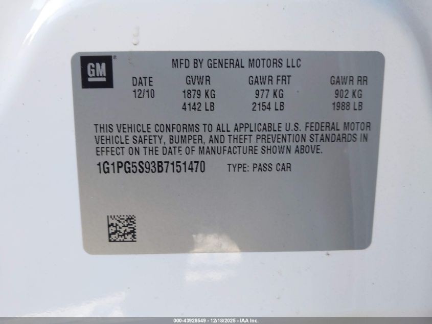 2011 Chevrolet Cruze 2Lt VIN: 1G1PG5S93B7151470 Lot: 43928549