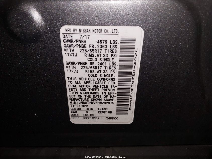 2017 Nissan Rogue Sv VIN: JN8AT2MV6HW282915 Lot: 43928550