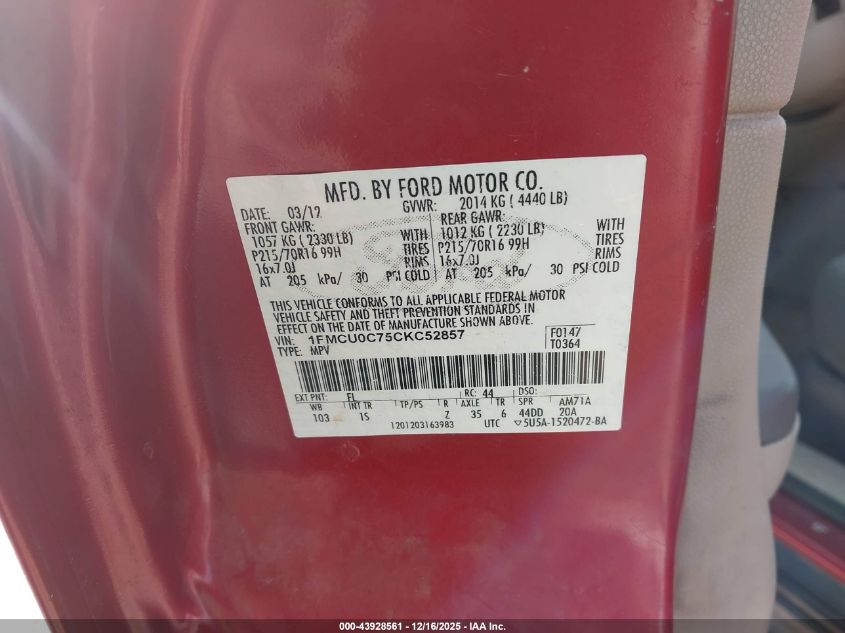 2012 Ford Escape Xls VIN: 1FMCU0C75CKC52857 Lot: 43928561