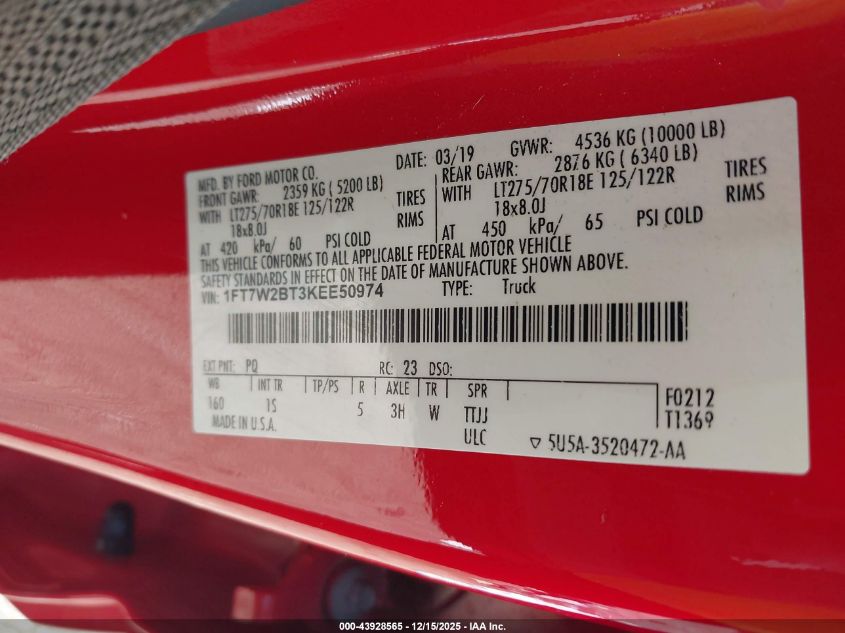 2019 Ford F-250 Xl VIN: 1FT7W2BT3KEE50974 Lot: 43928565