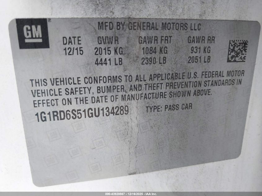 2016 Chevrolet Volt Premier VIN: 1G1RD6S51GU134289 Lot: 43928567