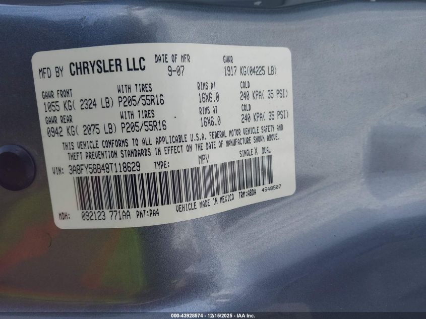 2008 Chrysler Pt Cruiser Touring VIN: 3A8FY58B48T118629 Lot: 43928574